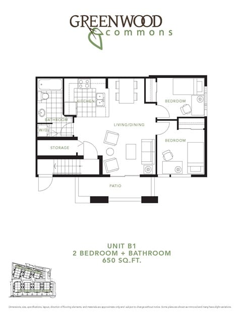 Floor plan for 2 beds, 1 bath, 650 sqft